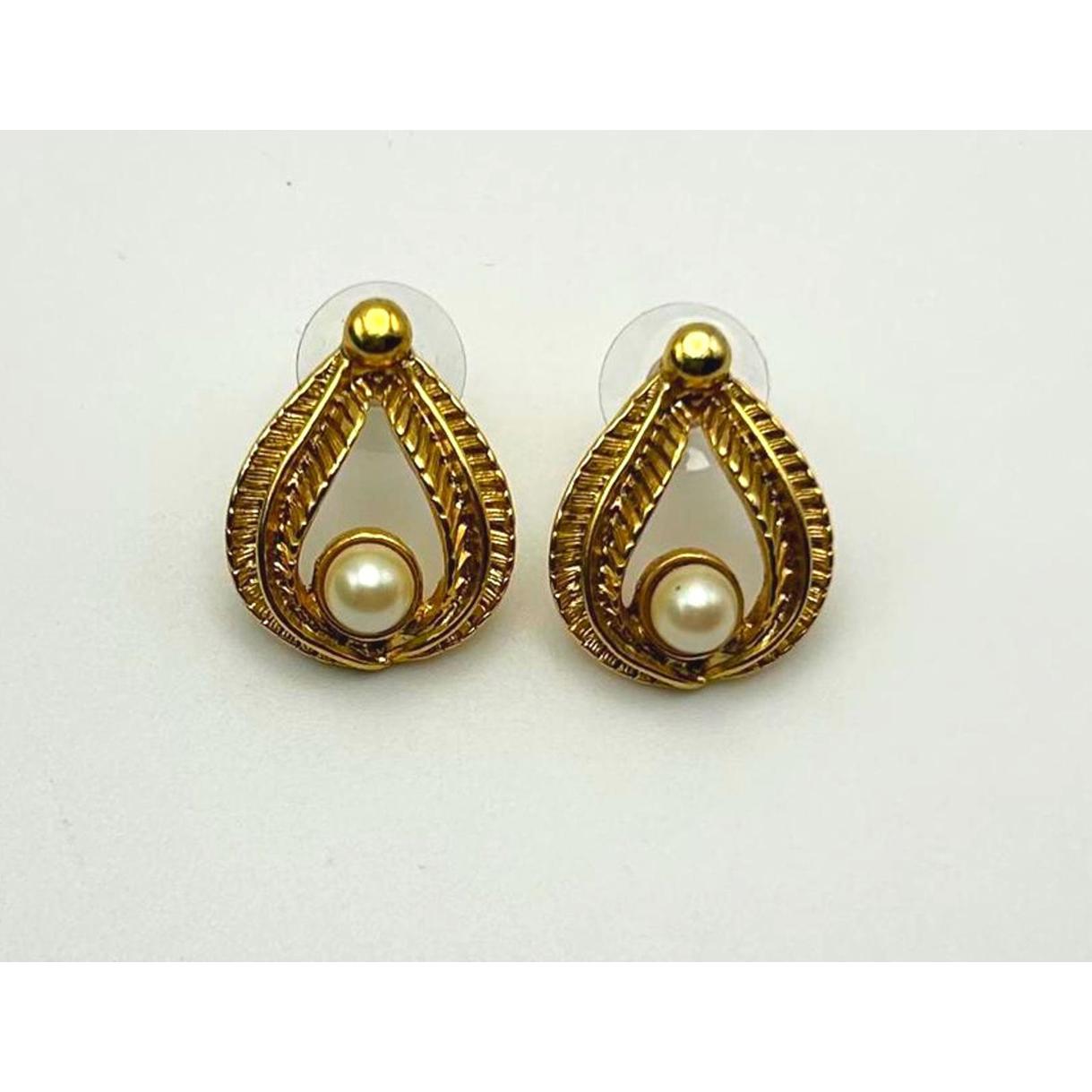 Vintage Teardrop Earrings, Pierced Gold Tone With Faux Pearl, Retro Jewelry